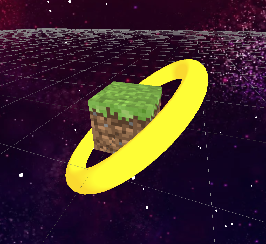 Foto van een minecraft grass blok met een gele ring erom heen midden in de ruimte.